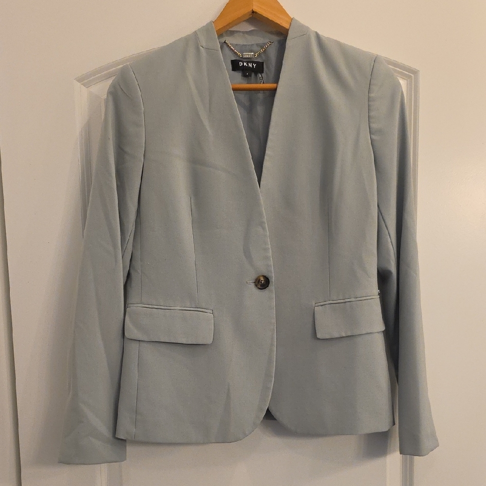 DKNY Light Blue Single-Button Notchless Blazer